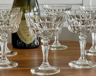 Six Vertical Cut Vintage Crystal Champagne/Cocktail Coupe Glass, Mid Century Large Bowl Craft Cocktail Glass, Toasting Celebration Stemware