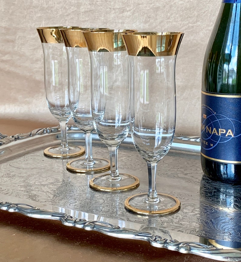 Vintage Gold Trim Champagne Flutes Mid Century Parfait Shaped Etsy