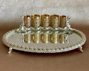 Vintage Gold Ormolu Sam Fink Mirrored Lipstick Tray, Mid Cen Gold Filigree Vanity Tray with 5 Lipstick Tube Holders, Hollywood Regency Gift