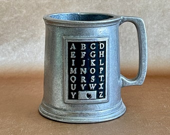 Wilton Armetale Satin Pewter Alphabet Mug, Childs Mug, Gift for Teacher, Vintage Baby Gift, Heavy Stamped Pewter Mug