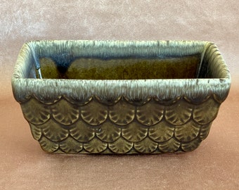 Vintage Hull USA Drip Glaze w Fish Scale Design Rectangular Planter, Retro Ceramic Pottery for Succulents, Mid Cen Indoor Outdoor Planter