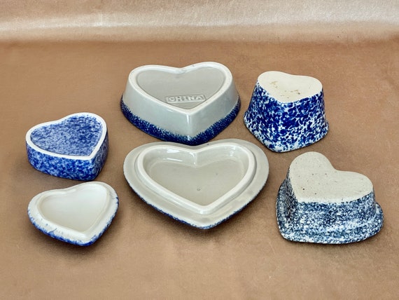 Blue Sponge Painted Pottery Heart Dishes, Lidded … - image 3