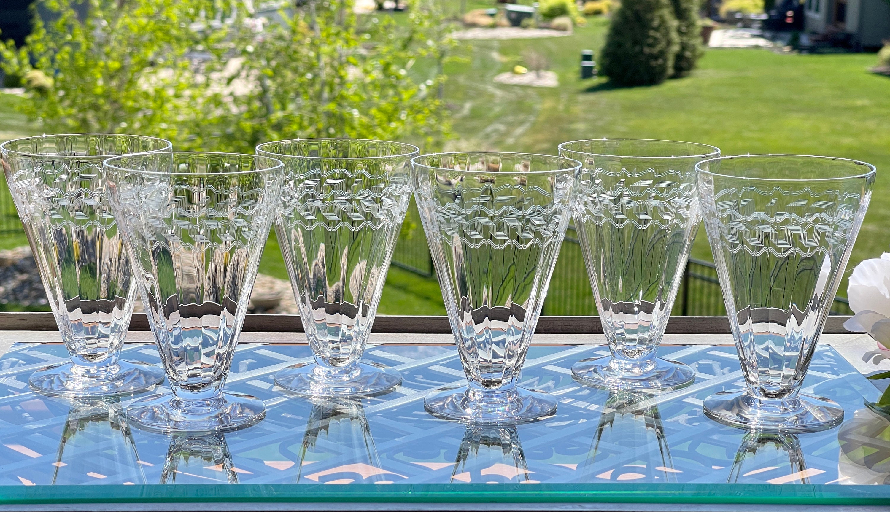 Antique Needle Etched GREEK KEY Clear 4 oz Small Wine Glass ~ Set of 5