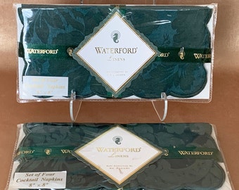 Waterford Emerald Green Cocktail Napkins in Original Package, Quality Damask 8" X 8" Scalloped Edge Drink Bar Napkins for Table or Bar Cart