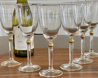 Six Vintage Dansk Tall Wine/Water Goblets, Gold Ball Stem Wine Glasses, Luxury Hand Blown Stemware for Toasting Celebrations Entertaining