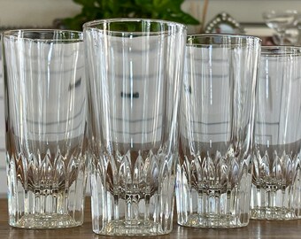 Four Vintage Mikasa Vodka Tumblers, Vertical Cut Hand Blown Crystal Barware Glasses for Shots and Tasting, 4 Single Liquor Flat Base Glasses