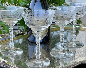 1940s Etched Champagne Craft Cocktail Glasses, Hand Blown Rock Sharpe Coupe Glasses w Wheel Cut Stem, Celebration Barware Wedding Engagement