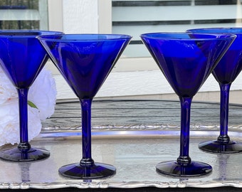pair Cobalt blue wavy stemmed martini liqueur cocktail glasses