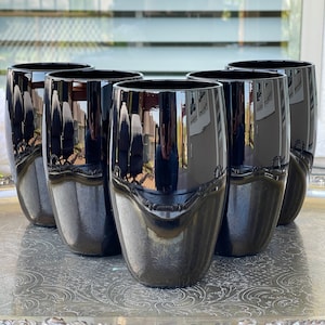 Large 20 oz Solid Black Glass Halloween Highball Glasses, Five Stemless Cocktail Tableware Rounded Tumblers, Halloween Party Barware Glasses
