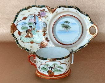1940's Asian Tea and Snack Plate Sets, Vintage Nippon Tea and Cookie Sets, Hand Painted Eggshell Porcelain with Geisha Theme and Gold Trim