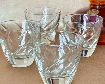 Hazel Atlas "On The Rocks" Whiskey Cocktail Glasses In the "Swirl Clear" Pattern, Set of Four Vintage Heavy Thick Base Barware Glass