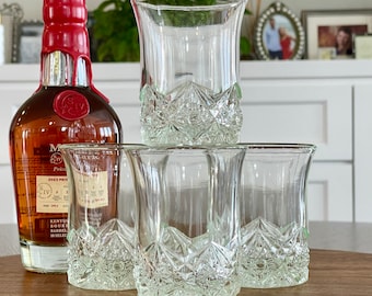 Four 1920s Pressed Glass On The Rocks Cocktail Glasses, Vintage Diamond Point Star and Fan Old Fashioned Glasses, Heavy Thick Whiskey Glass