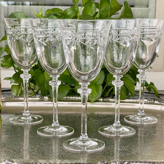 5 Vintage Etched Tall Wine Glasses ~ Water Goblets, Faceted Stem