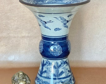 Vintage Asian Stoneware Trumpet Vase in Blue and Grey, Large Hand Painted Unique Chinese Chinoiserie Pottery Decor w Cranes Bamboo Accents