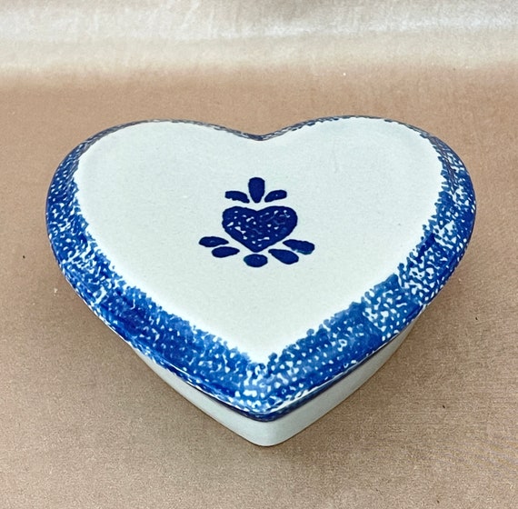Blue Sponge Painted Pottery Heart Dishes, Lidded … - image 9