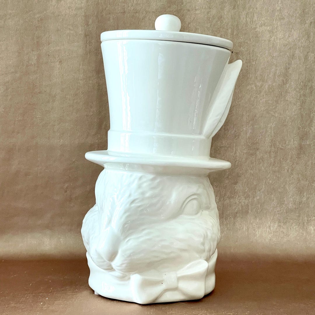 Large Mad Hatter Style Rabbit Lidded Cookie Jar, White Ceramic Nimble ...
