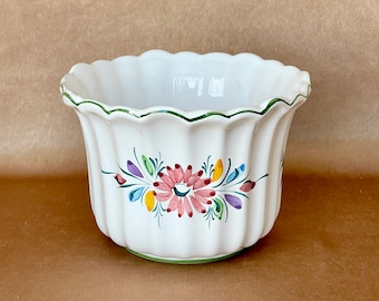 Vintage Portuguese Pottery Planter in White with Floral Design, Fluted Hand Painted Planter Pot for Indoor and Out, Hand Crafted in Portugal
