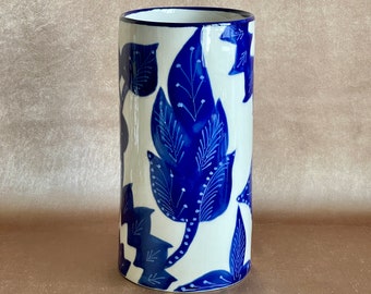 Le Souk Céramique Art Pottery Wine/Utensil Crock, Cobalt Blue Leaf Ceramic Pottery Vase Tunisha, Hand Crafted and Painted Cylinder Container