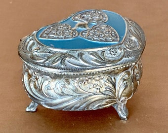 Vintage Silver Plate Heart Shaped Ring Box, Silver and Blue Enamel Jewelry Box Made in Japan