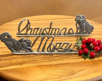 Metzke Pewter Merry Christmas Sign, Hand Crafted Pewter Christmas decor, Cavalier King Charles Holiday, Metal Fine Arts Mantle Holiday Piece