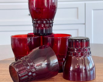 Six Ruby Red Royal Windsor Barware Glasses, 1930's Anchor Hocking Ruby Red Tumblers, Vintage Royal Windsor Cranberry Flat Base Glasses