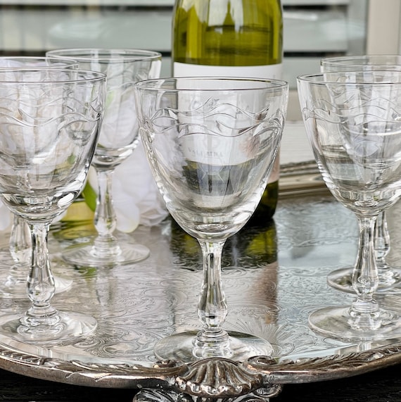 Vintage Needle Etched Optic Crystal Cocktail Ice Tea Glasses, Set