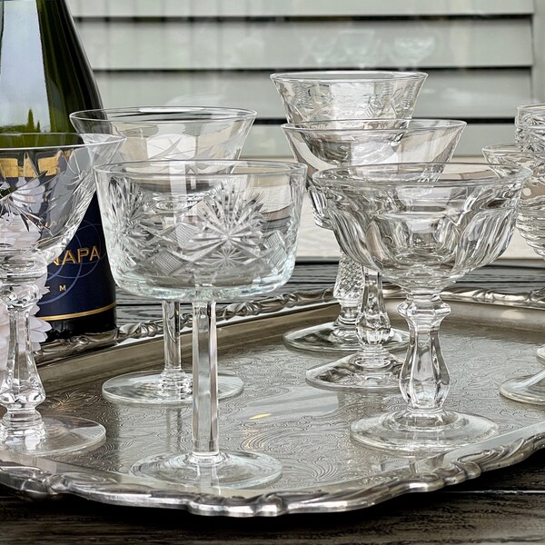8 Mid Century Curated Champagne Cocktail Coupe Glasses, Assorted Pattern Crystal Etched Barware, Vintage Mixed Pattern Craft Cocktail Glass