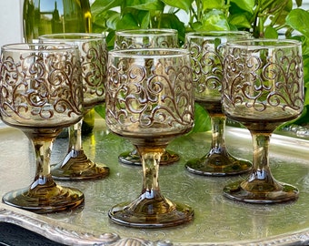 Six Retro 70s Wine Glasses, Libbey Prado Raised Brown Scroll Design, Mid Century Mod Stemware, Vintage Barware, Thanksgiving Fall Cocktails