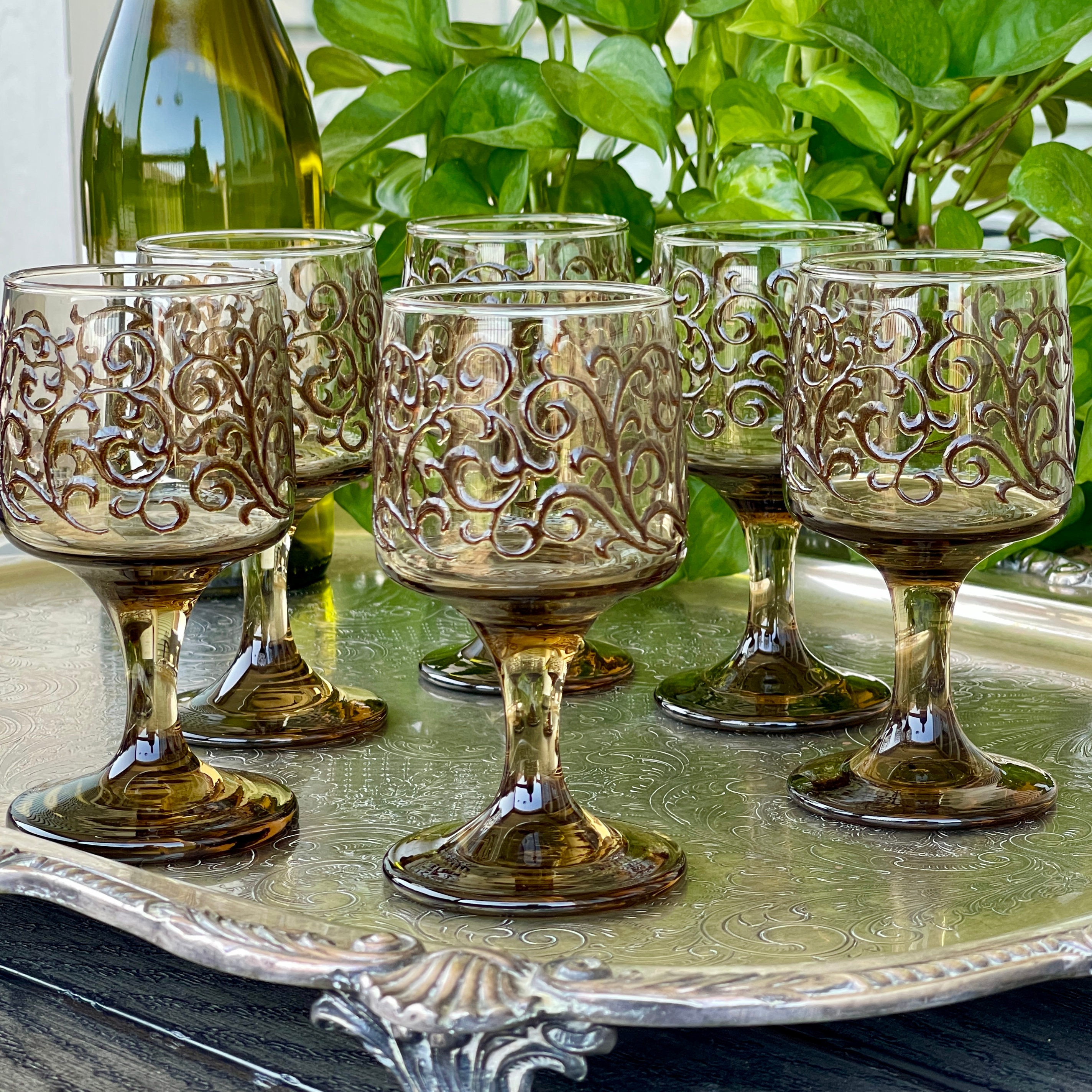 Libbey Prado Wine Glasses (set of 6): Retro Brown Scroll Stemware - Etsy