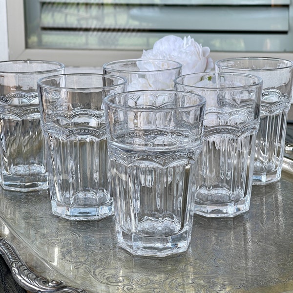 Six Heavy Pressed Glass 14 oz Hobnail Panel Tumblers, Flat Based Beer Tableware Cocktail Glasses, Unique Textured Clear Drinking Glasses