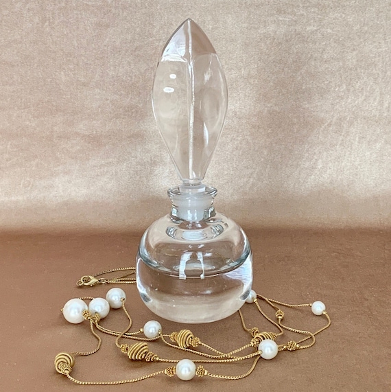 Vintage Hand Blown Art Deco Glass Perfume Bottle, Dramatic Minimalist Art Glass Perfume and Dauber, Sleek Modern Design with Weighted Base