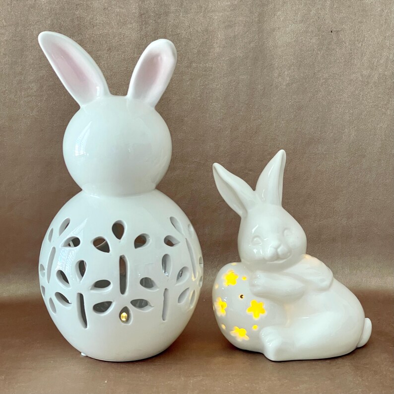 Pair of Reticulated Ceramic Rabbits, Light up Dept 56 Bunnies, Vintage ...