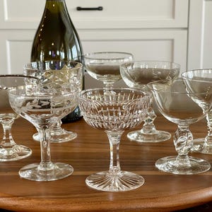 Vintage Champagne Coupe Glasses - Set of 8 Needle Etched Crystal Stemware