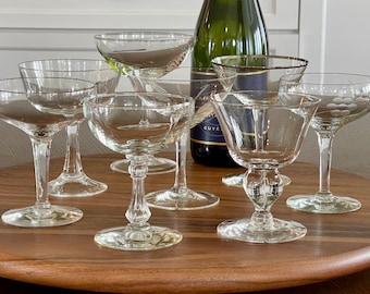 Eight Assorted Pattern Champagne/Cocktail Coupe Glasses, Mismatched Vintage Coupe, Hand Blown Crystal Champagne Toasting Celebration Barware