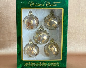 Vintage Hand Decorated Romanian Christmas Ornaments, Box of 5 Hand Painted Gold Tone Holiday Glass Ornaments, Christmas Classics Glass Balls