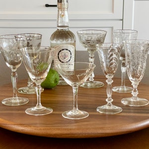 Eight Vintage Curated Nick and Nora/Liquor Cocktail Crystal Glasses, Assorted Pattern 1930s and 40s Stemware, Etched Craft Cocktail Barware image 1