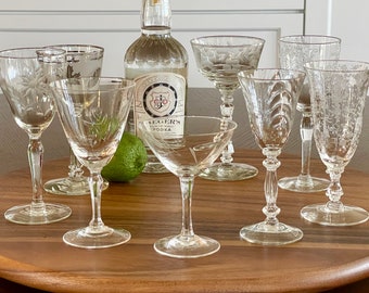 Eight Vintage Curated Nick and Nora/Liquor Cocktail Crystal Glasses, Assorted Pattern 1930s and 40s Stemware, Etched Craft Cocktail Barware