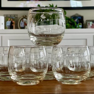 Six Wheat Etched Roly Poly Old Fashioned Glasses, On The Rocks Cocktail Barware, Mid Century Round Whiskey Craft Cocktail Glassware