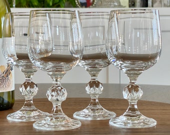 Four Vintage Bohemia Crystal "Claudia" White Wine Glass, Faceted Ball Stem Wine Glass, Luxury Crystal Stemware, Classic Elegant Czech Goblet