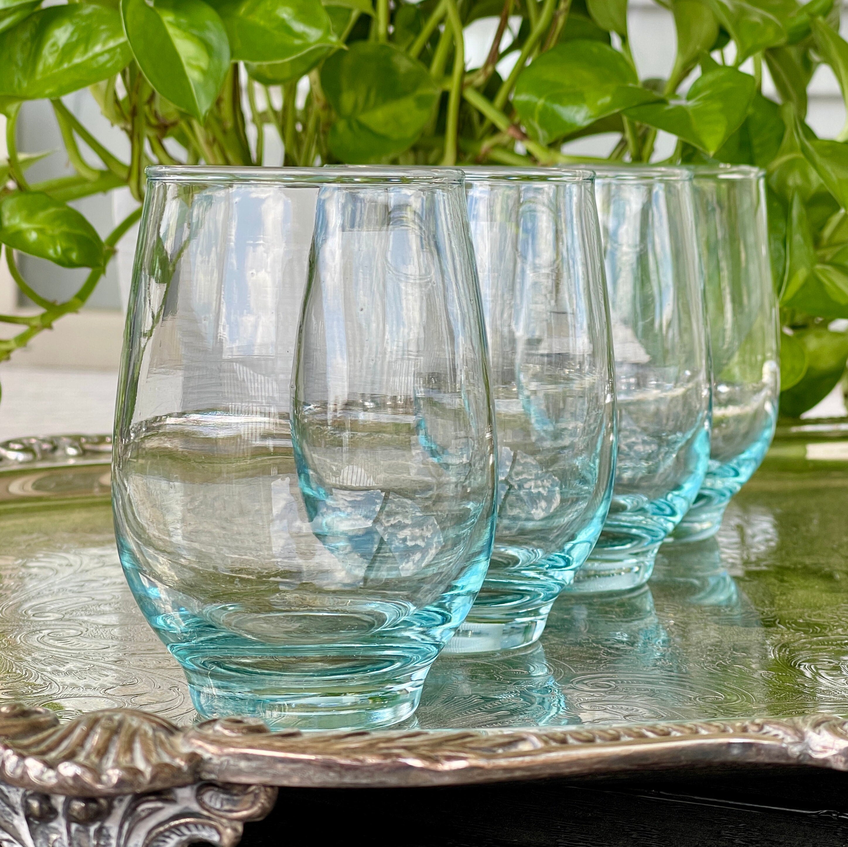 Blown Glass Tumblers, Short. Two Tone Aqua and Amber Glassware