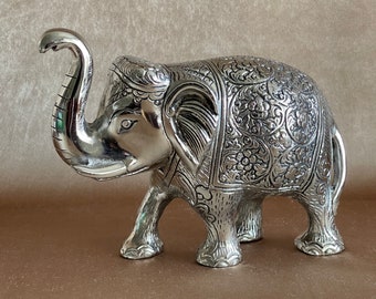 Vintage Silver Plated Elephant Statue, Embossed Detail Sliver Metal Elephant w Upturned Trunk, Good Luck Feng Shui Home Decor Gift