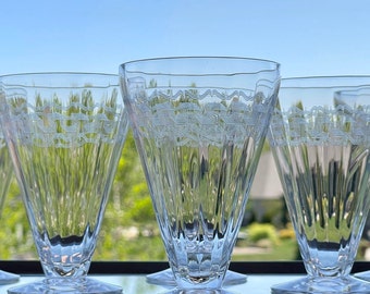 Six Antique Needle Etched Greek Key Footed Tumbler, Fostoria 1900's Optic Glass Cocktail Barware, Collectible Vintage 8 oz Bar Glasses