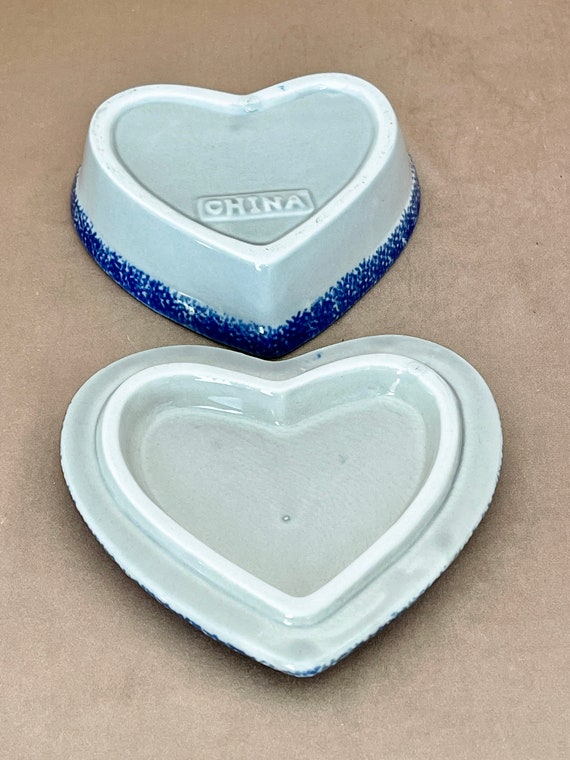 Blue Sponge Painted Pottery Heart Dishes, Lidded … - image 8