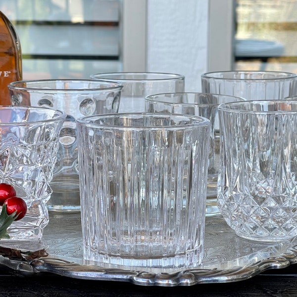 Vintage Curated Whiskey On The Rocks Cocktail Glasses, Eight Assorted Patterns of Optic Glass and Cut Crystal Lowball Barware Glasses