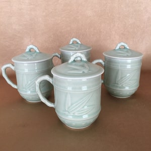 Celadon Green Porcelain Lidded Teacups: Asian Bamboo Design Mug Set