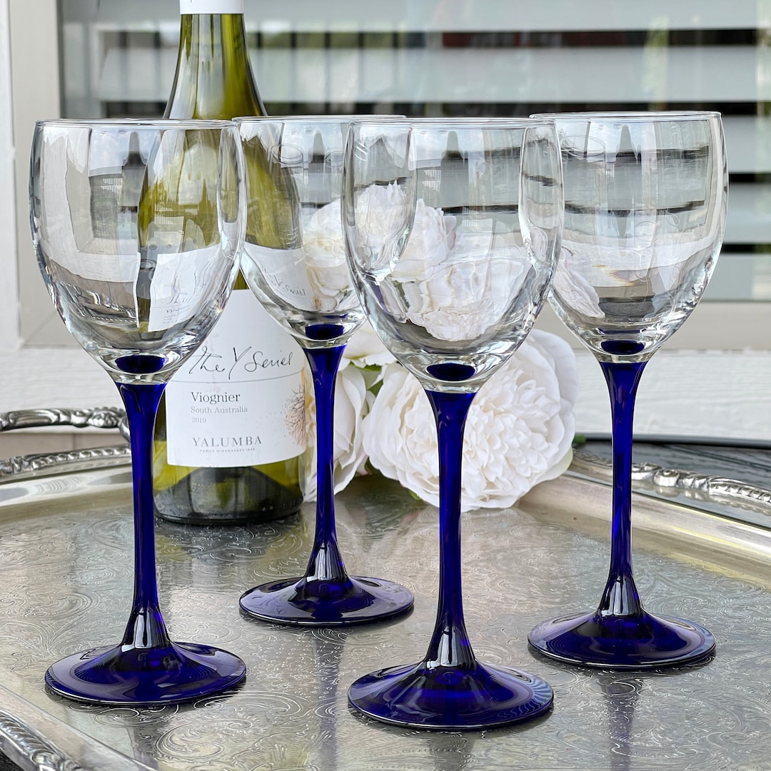 Four Cobalt Blue Stem Wine Glasses Neptune Pattern Cristal Etsy