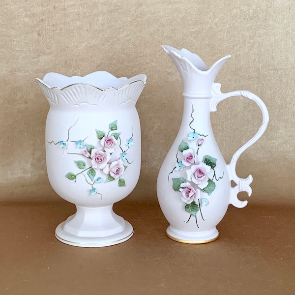 Vintage Lefton Pink Floral Vases, Urn and Ewer Pitcher Style, Bisque Finish with Figural Floral Relief, Mid Century Vanity Decor