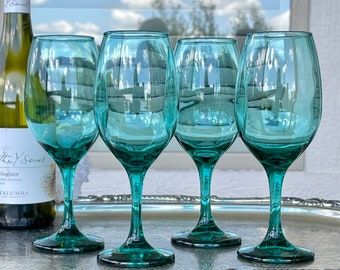 Four Mid Century Teal Green Wine Glasses, Vintage Teal Blue Green Large Bowl Goblet Wine or Water, Tall Tropical Blue Green Barware Stemware