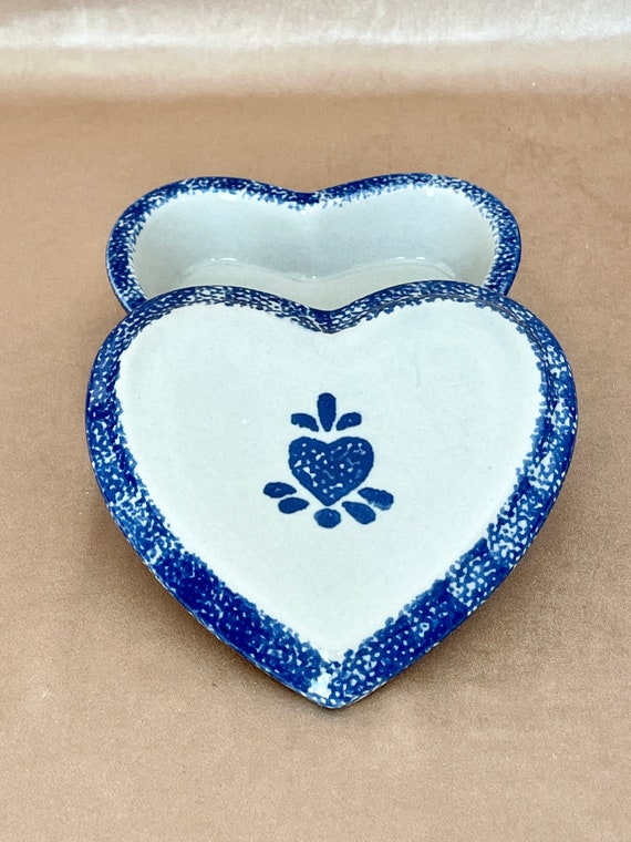 Blue Sponge Painted Pottery Heart Dishes, Lidded … - image 6