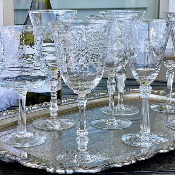 Assorted Patterns Vintage Crystal Wine Glasses, Tall Sexy Etched